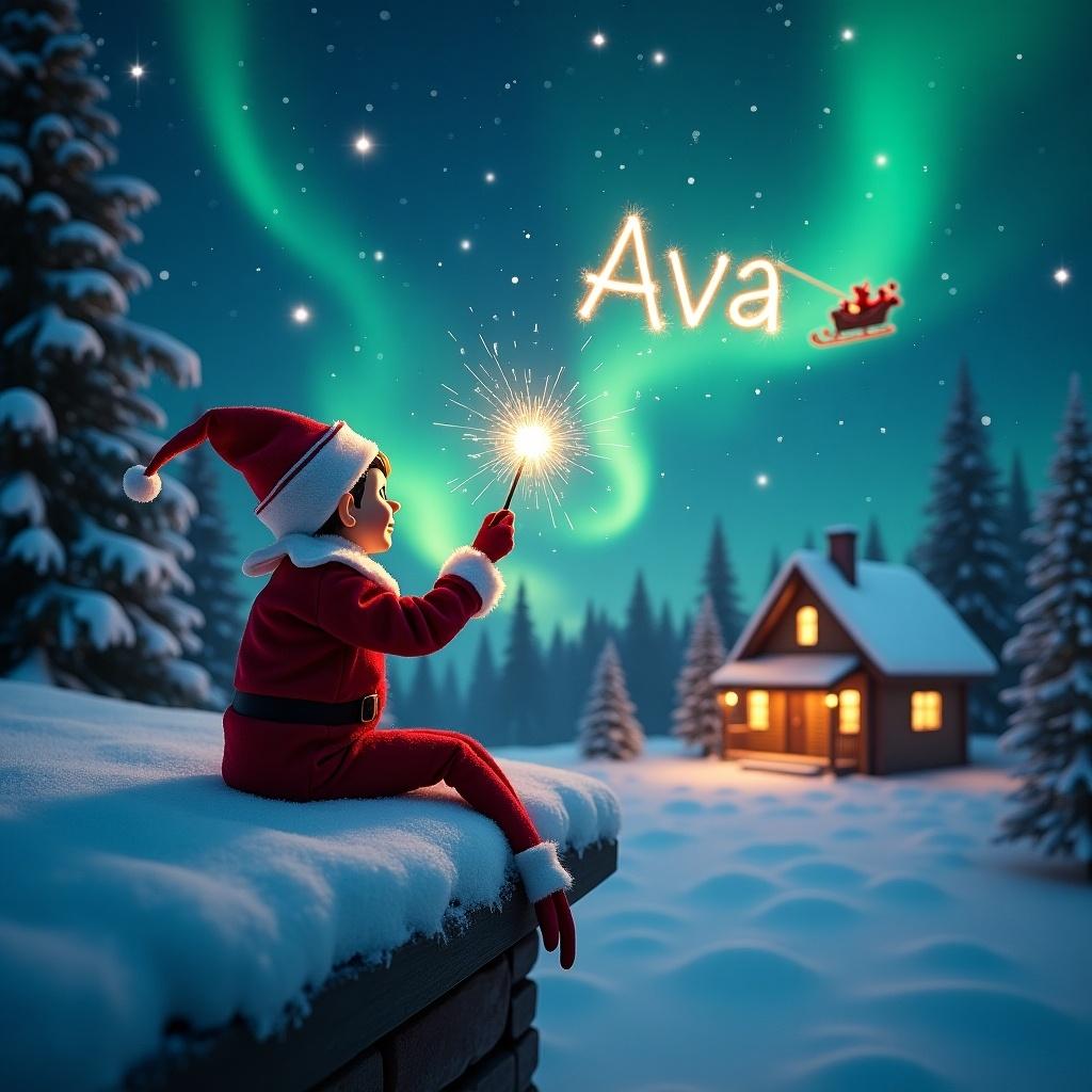 This enchanting scene features an elf on the shelf sitting on a snowy ledge, facing away from the viewer. The elf gazes up into a beautiful night sky filled with twinkling stars and vibrant northern lights. He holds a sparkling wand, writing ‘Ava’ in the air, creating a magical effect. In the background, a cozy cabin glows warmly, evoking a sense of holiday comfort. Santa and his sleigh can be seen flying across the sky, adding to the festive atmosphere. The whole image radiates the joy and wonder of the Christmas season.