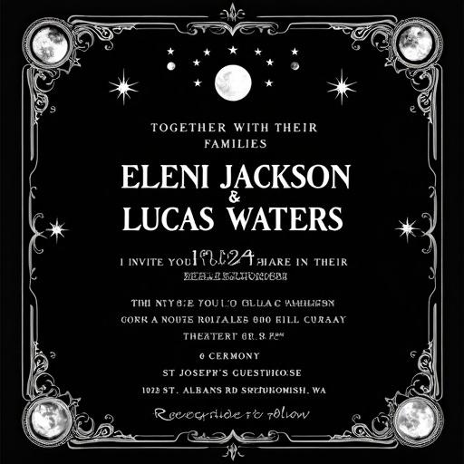 Gothic tarot-style wedding invitation with black background. Celestial illustrations include moon phases and stars. Corner accents are sparkles. Clean white border surrounds text. Features various fonts. 'TOGETHER WITH THEIR FAMILIES' in small caps modern sans serif. 'ELENI JACKSON & LUCAS WATERS' in bold vintage serif. 'INVITE YOU TO SHARE IN THEIR WEDDING CELEBRATION' in thin all caps sans serif. Date '10.09.24' displayed large and bold. Ceremony details in small caps serif. 'Reception to follow' in handwritten script style.