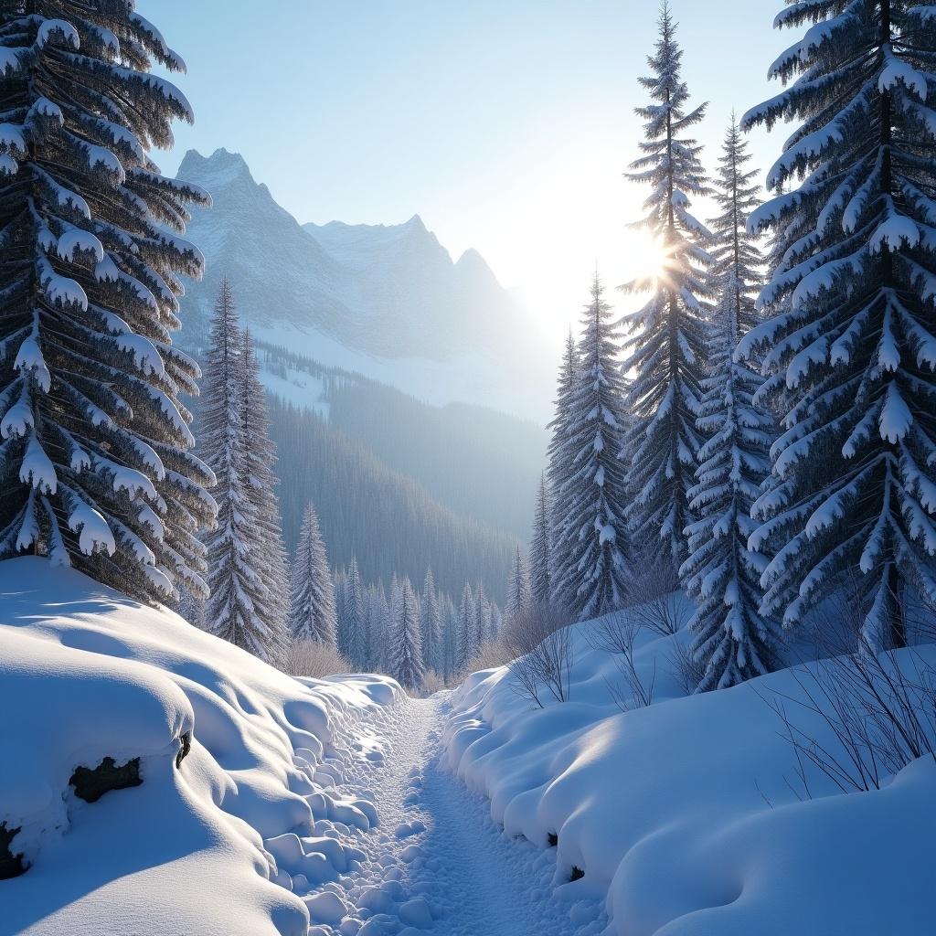 Snowy mountain landscape with the sun shining through trees. Beautiful scene during dawn. Snow covers the ground and trees. Features a wide, picturesque canyon and a serene atmosphere. Ideal for winter sports and nature lovers.