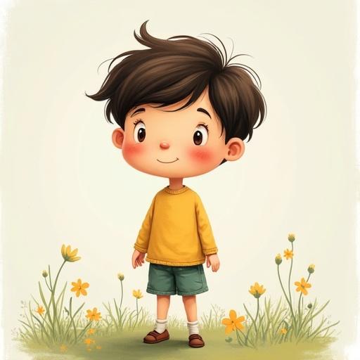 A boy standing among flowers. He has a cheerful expression. He wears a yellow sweater and green shorts. The background is light and soft.