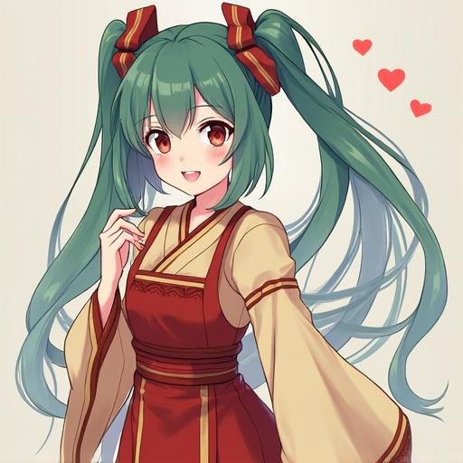 Character with long green hair wearing traditional attire with a friendly expression and heart motifs in the background