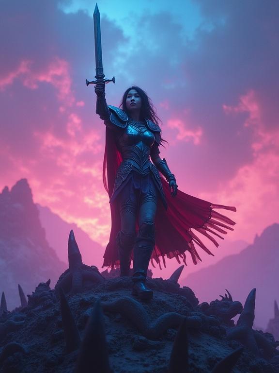 Young woman in fantasy armor stands on hill with sword raised to sky. Illuminated by pink and blue lights. Legions of orcs at her feet. Dramatic fantasy world setting.