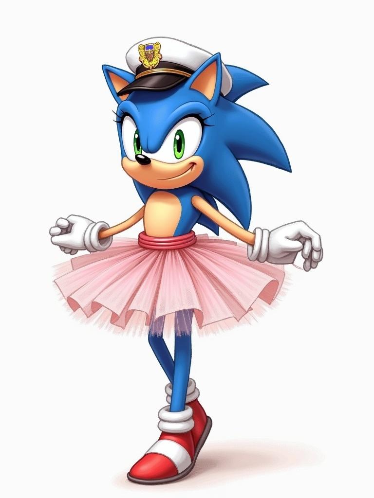 Sonic wears a chauffeur cap. Sonic wears a pink ballet tutu. Sonic stands with a friendly pose. Sonic has white gloves and red shoes.