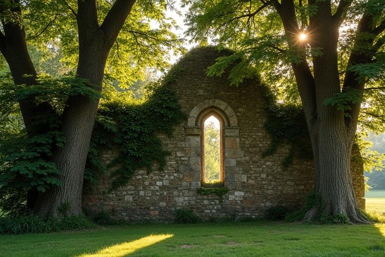 Ruined wall stands with large box trees on each side. Thick foliage creates a canopy above the ruins. Wall is covered in vines and moss with a few stones missing. Romanesque double-arched window is present but lacks glass. Scene is set during the evening in late summer with golden sunlight filtering through. Ground vegetation is sparse with scattered beams of sunlight. 