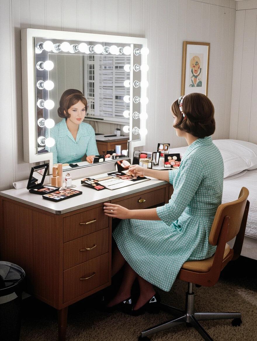 1960s woman's bedroom features make-up vanity. Bright vanity mirror lights surround the mirror. Woman seated, preparing makeup. Soft colors and vintage furniture.