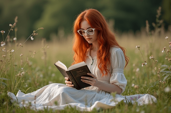 A woman with long red hair and glasses reads a book while seated in a blooming meadow.