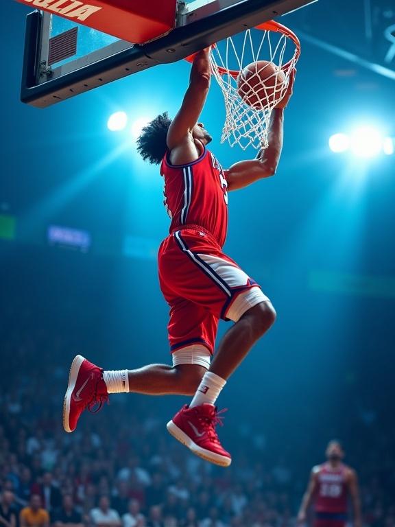 Photograph depicts a basketball player in mid-air dunking a basketball. Player wears a red jersey, white shorts, and red sneakers. The background features a blue hue with starburst lighting effects illuminating the scene. Shows intense action and athleticism. Close-up capture of the moment emphasizes the player's determination. Visual impact intended for sports marketing or promotional use.