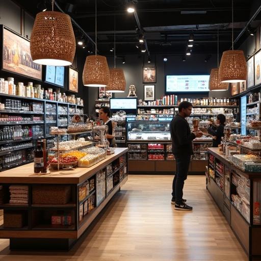 Image of a modern retail store with shelves of products. Warm lighting creates inviting atmosphere. Customers interacting with items. Focus on organized displays and vibrant merchandise.