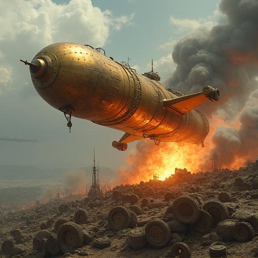 Brass rocket ship lifting from a gear-covered platform. Digital painting in steampunk retro-futurism style by Ian McQue. Ultra HD resolution. Includes copper rivets and steam clouds. Palette consists of bronze and smoke-gray with glowing furnace backlight.