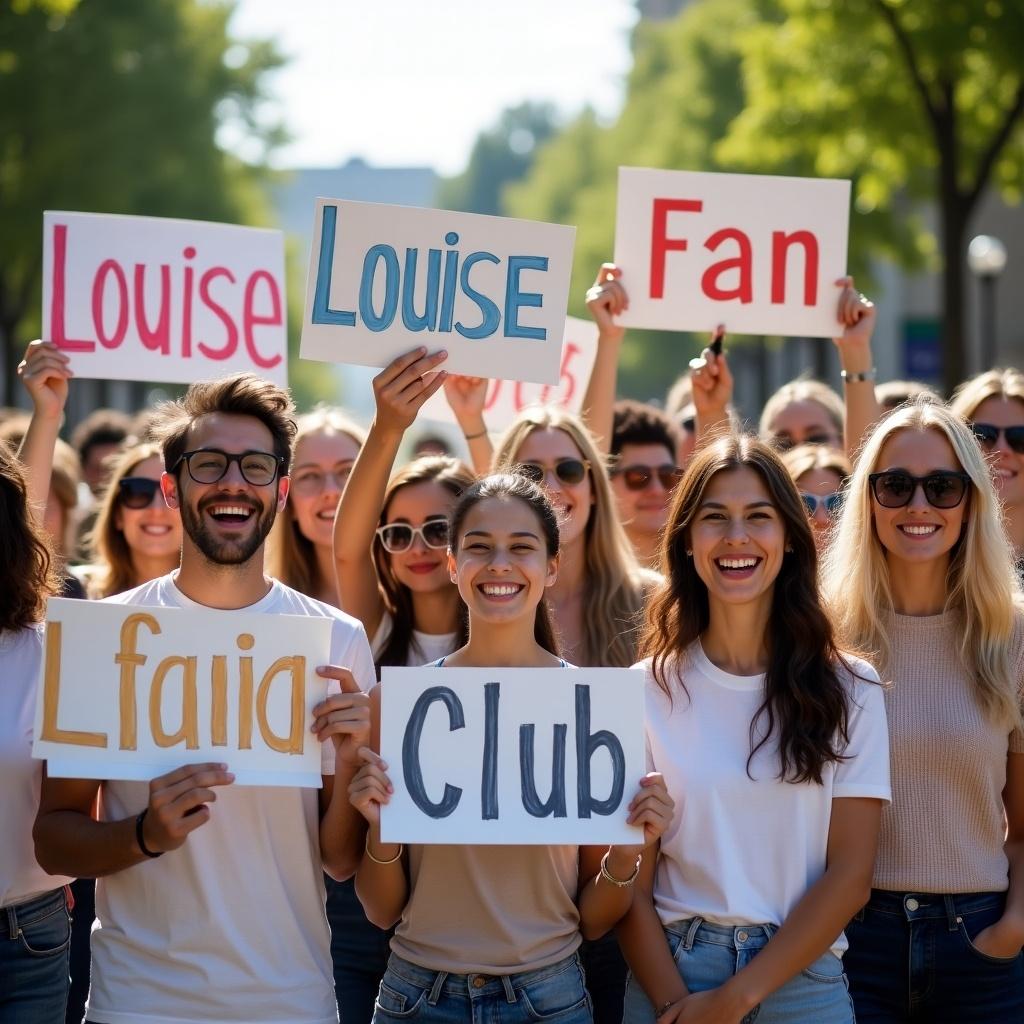 A large group of people gather outdoors holding signs. The signs spell 'Louise Fan Club'.