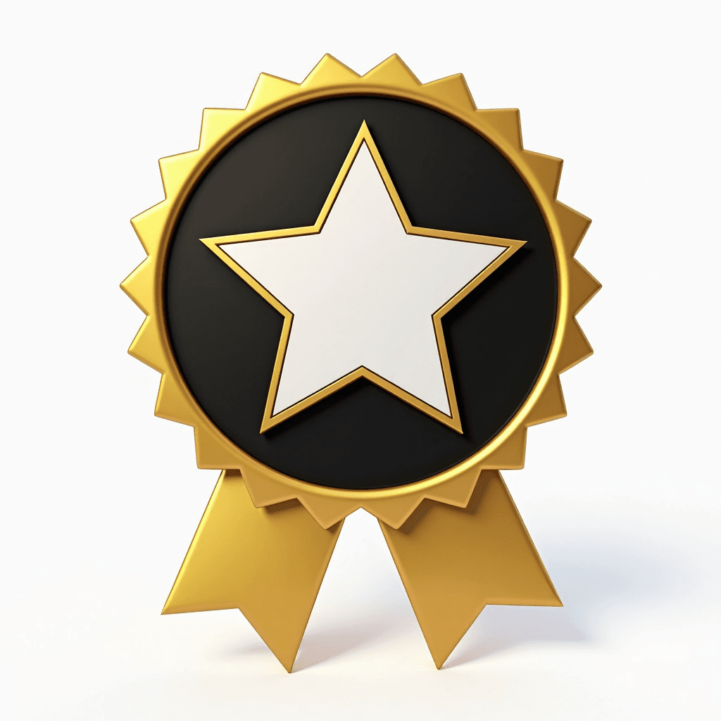 A gold star award ribbon features a central white star on a black circle, surrounded by a scalloped golden edge with two golden tails.