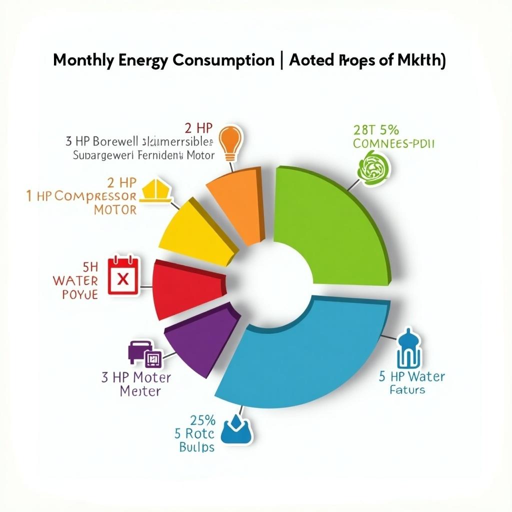 This image features a detailed 3D pie chart illustrating monthly energy consumption for various motor types. Each segment is color-coded and labeled for clarity, highlighting the percentage contribution of each motor. The chart includes a breakdown of different motors such as borewell, compressor, and water motors. Accompanying icons add visual interest and aid in quick recognition. This infographic serves as an educational tool for understanding energy usage in electrical devices.