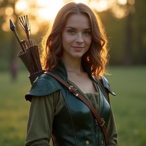 A 20-year-old female scout in medieval fantasy. She stands confidently in a training ground. Medium-length chestnut brown hair with green highlights. Her fitted dark green leather armor has silver accents. She carries a shortbow on her back. She has a warm smile and a calm focus. Soft dusk light highlights her figure and outfit.