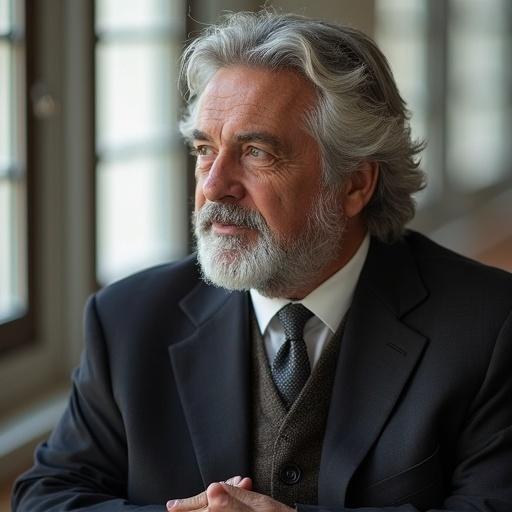 A mature man with a beard is sitting indoors. He wears professional attire and looks contemplatively at the viewer. Soft lighting enhances the atmosphere.