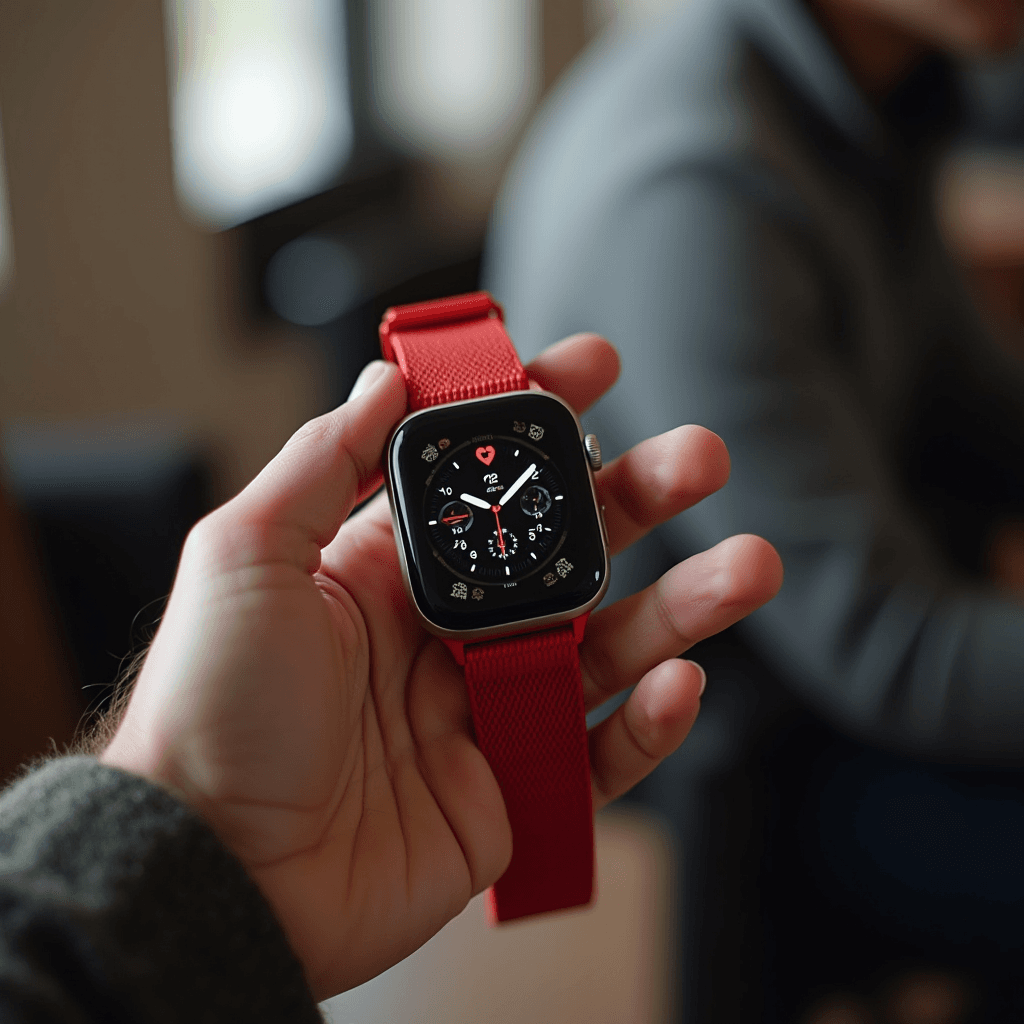 A smartwatch with a red band being held up to display its vibrant interface.