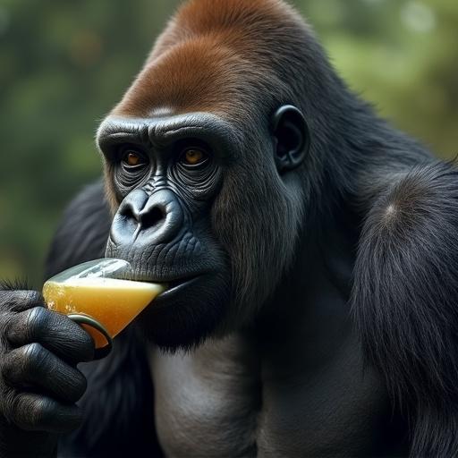 Gorilla consuming orange drink. Focus on the animal's hand and face. Natural setting with a blurred background. No human interaction visible.