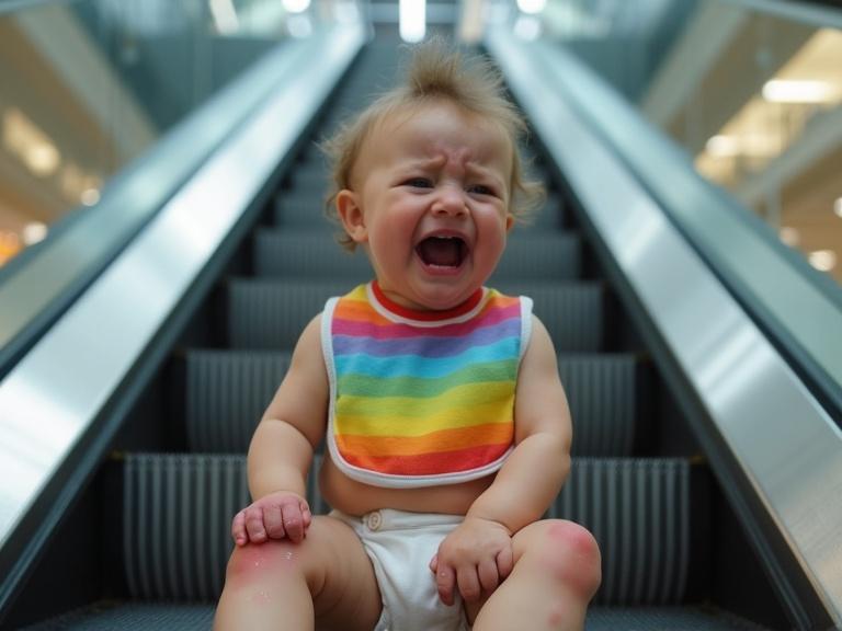 Crying baby sitting on escalator step. Rainbow bib on the baby. Light scrapes visible on knees. Baby looks hurt and scared. Realistic mall environment with escalator in background. Horizontal image format.