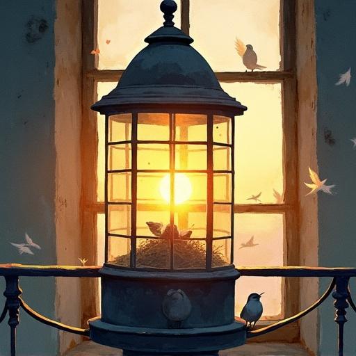 Inside a lighthouse lantern room at sunrise. Glowing lantern radiates soft golden light. Misty glass panes surround. Tiny birds nest around the lamp's base and perch on iron rails. Feathers float in warm air. Watercolor painting style emphasizes soft pastels and tranquil atmosphere.