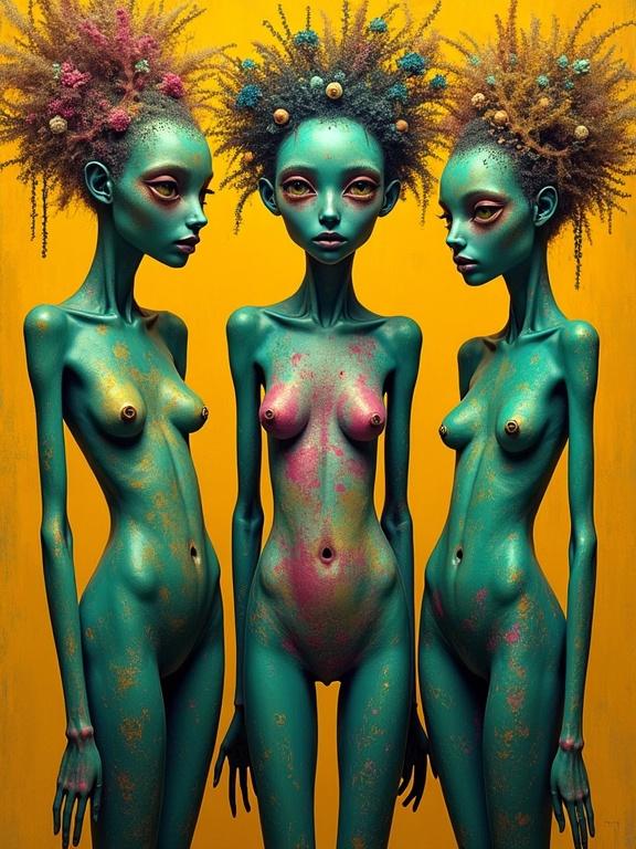 Surreal whimsical portrait of three exquisite characters with vibrant skin tones in shades of green and magenta. Background features contrasting yellow ocher and burnt sienna. Hyperdetailed with intricate designs and elements.