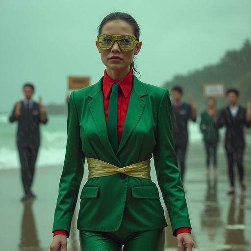 Photo of a woman. She wears a shiny green satin business suit. A red satin shiny shirt and a green tie. Green shiny satin leggings. Ankle boots. She is on a beach during stormy weather. She is bound with tape. People hold signs with negative messages.