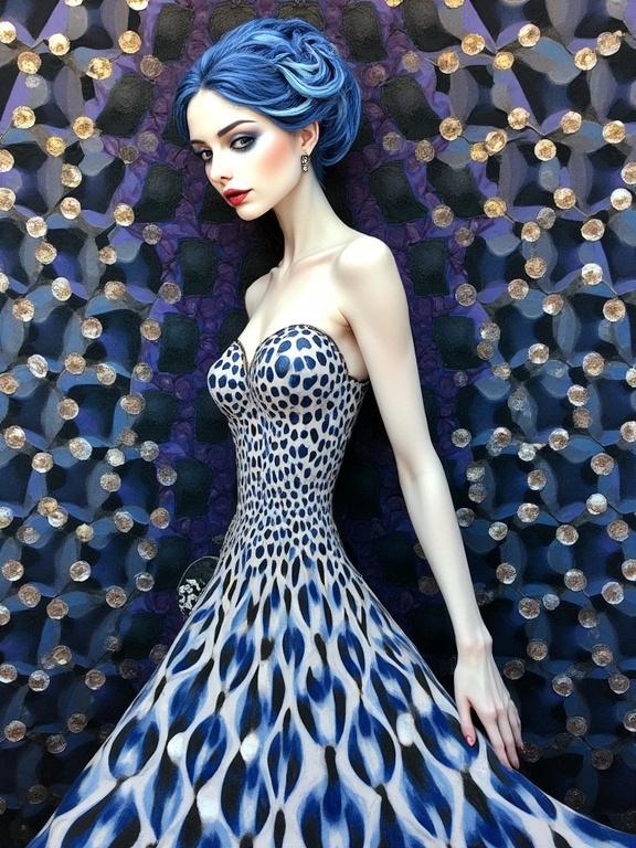 Surreal morphic portrait of a stunning ethereal woman posing in a kaleidoscopic dress surrounded by intricate geometric patterns and optical illusions in styles of Escher Bridget Riley and Sonia Delaunay with colors black white silver violet indigo and blue and abstract shapes.