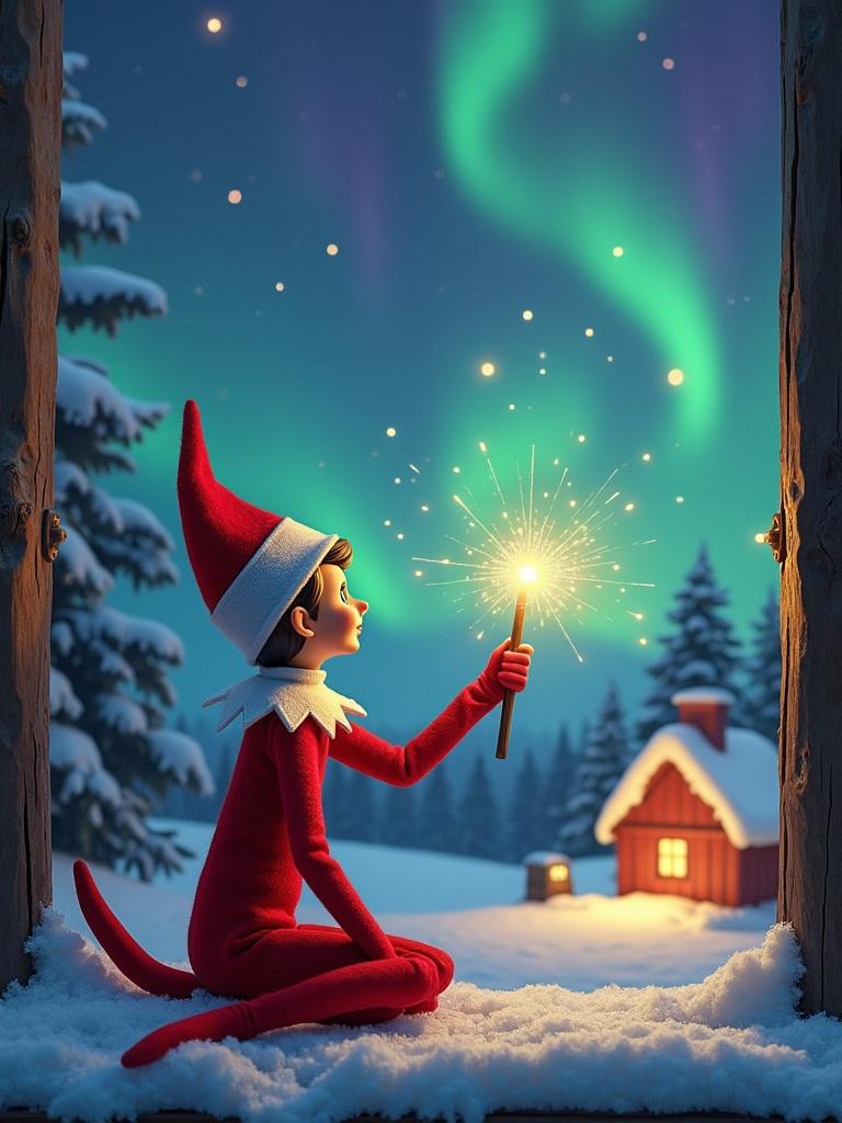 Elf on the shelf sits back to viewer gazing skyward holding glowing wand. Colorful northern lights create a charming Christmas scene. Cozy house in the distance surrounded by snow. Magical embodiment of Christmas with sparkling words in the air.