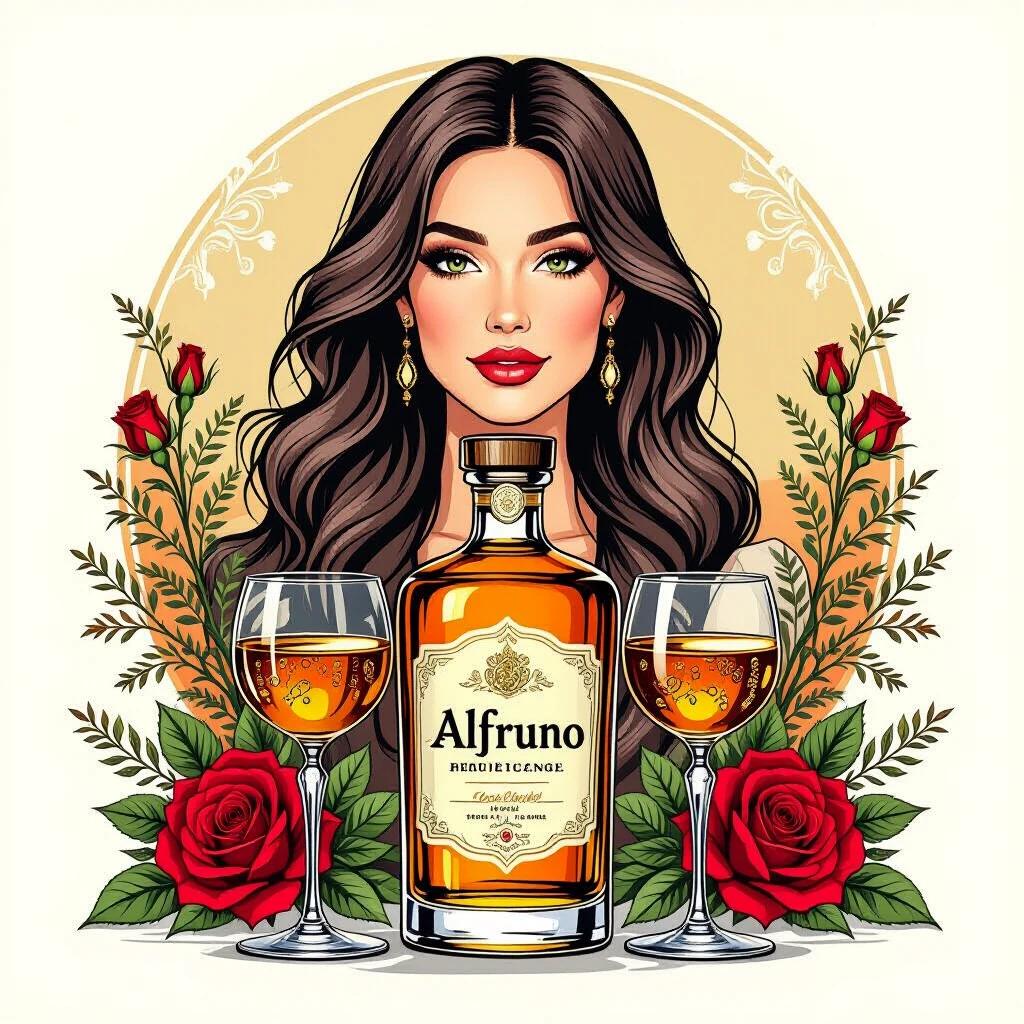 Stylized illustration features a lower apothecary bottle of liquor labeled 'Alfruno'. Bottle has an ornate vintage-style label in cream and gold. Two stemmed glasses filled with amber liquid flank the bottle. Red roses and green foliage surround the composition. Background is muted beige. Circular text in red reads 'Genuss aus dem Garten der Natur - wild und besonders'. Overall symmetrical layout combines nature and elegance with a vintage look.