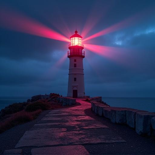 A lighthouse with neon beams of light shining at night. The structure illuminated brightly against a dark ocean backdrop. A pathway leading towards the lighthouse.