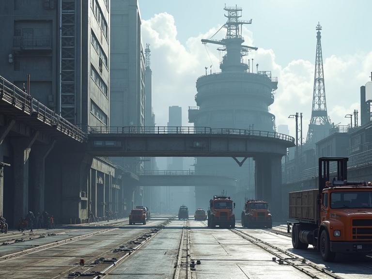 Detailed image of a grey sci fi outside huge wide shipyard military base with blocky bevel designs. Features include pipelines, metal steps in metal tower with latters, huge metal construction pit, metal bridge, underpass, and metal floors. There is a large metal platform with a gate door entrance and a checkpoint. Trucks haul wide load parts while forklifts carry metal crates. Metal towers and smoke stacks are visible under a sunny white blue sky, creating texture and realism with shadows.