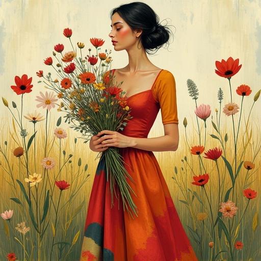 A woman poses in a field holding wildflowers. Angular body and large color patches on the dress. Abstract floral background inspired by Gauguin and Van Gogh. Palette includes crimson, olive, pale yellow, and ultramarine. Mood is peaceful and romantic, symbolizing nature.