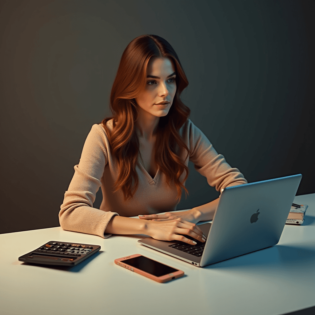 A woman with long hair is working intently at a laptop on a neat desk, accompanied by a smartphone and a calculator.