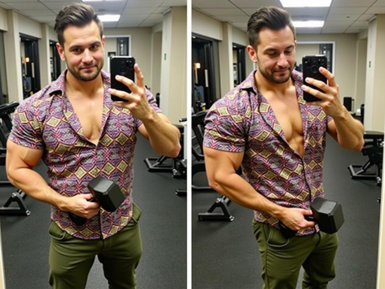 This image shows a person in a gym setting, posing while taking a selfie. They are wearing a colorful, patterned shirt with a deep V-neck and olive green pants. The person is muscular and has short styled hair. In one hand, they are holding a small dumbbell while the other hand holds a smartphone. The background features gym equipment, including weights and a mirror, creating an environment focused on fitness.