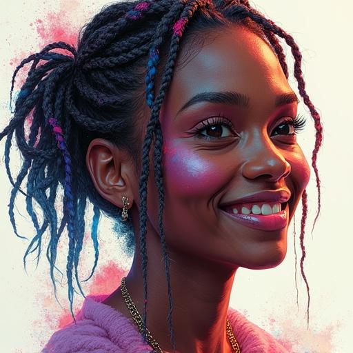 Create a surreal digital portrait of a beautiful black female with intricately braided short dreadlocks. The subject looks amazed and smiles. The features are delicate and strikingly styled. Use vibrant colors to enhance the image. Include modern aesthetics blended with Nordic elements.
