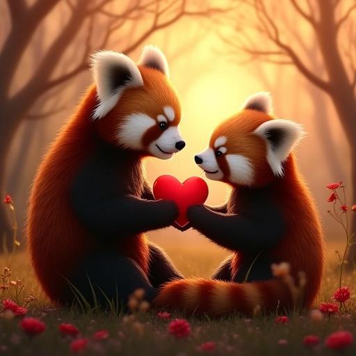 Two red pandas one male and one female in a magical setting at sunset. The male kneeling holding a heart in his hands offering it. The female gazing with wonder at the gesture of love.