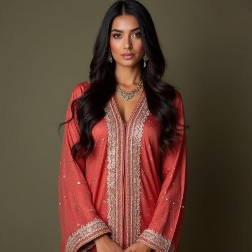 A model wearing a luxurious coral shalwar kameez featuring intricate gold embroidery. The outfit is paired with elegant jewelry. The background is neutral to enhance the vibrant color of the attire. The model poses confidently, showcasing the outfit's beauty.
