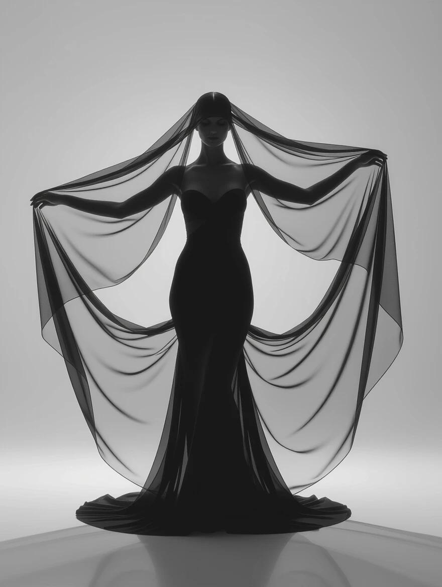 A black-and-white photograph of a woman draped in sheer fabric. The woman's body is elegantly obscured. The fabric billows softly in the air, extending beyond the frame. Arms are outstretched with fabric draping around her. The background is a smooth pale wall. The image has a slight film grain and captures timeless beauty.