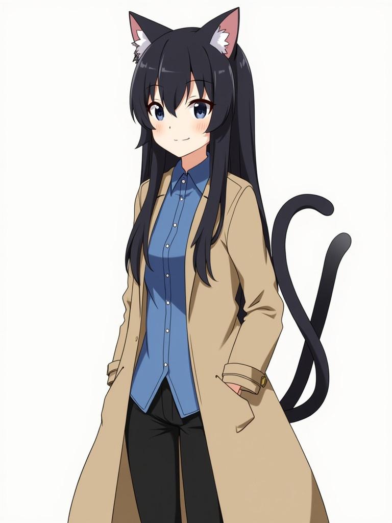 Cat girl character in anime art style. She has long black hair. Wearing a beige trench coat over a blue shirt. Black pants accompany the outfit. Character features cat ears and a tail.