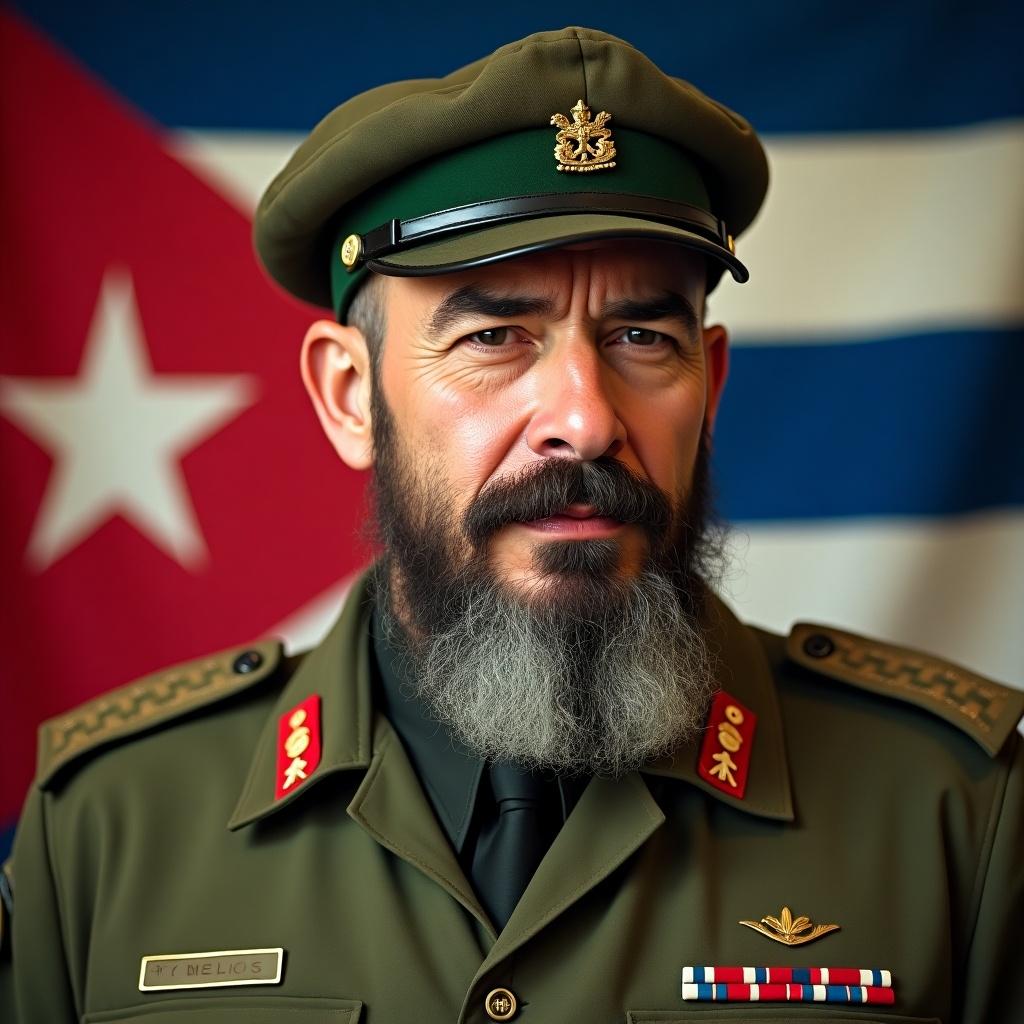 The image features a man in a military uniform with a blurred face standing in front of a Cuban flag. The uniform has several military insignia and medals.