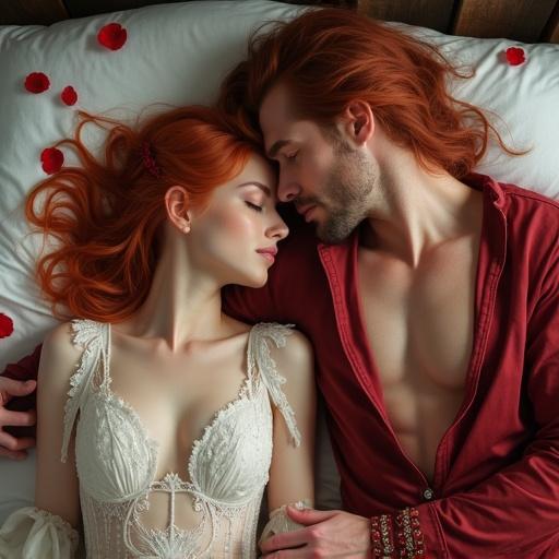 A vibrant semirealistic couple lies on a bed. Young woman with ginger hair wears a white fantasy wedding dress. She touches a tall muscular elf man with long crimson hair. He wears a red elven outfit with an open chest. They create an atmosphere full of magic and intimacy. Red petals float in the air adding to the romantic mood.