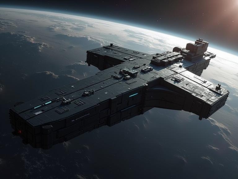 A large dark grey sci-fi spaceship with a T shape. It has a blocky design and mechanical textures. There are small rectangular bevel windows. The spaceship floats in space above a planet's atmosphere with shadows and reflections.