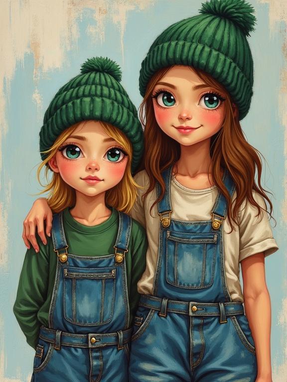 Painting of two girls. One girl with brown hair and blue/green eyes, braces and baggy trousers. The other girl with blond hair in a green beanie. They are both fit and slim.