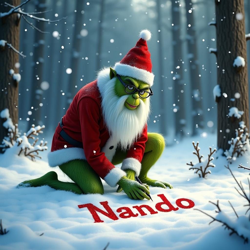 The Grinch kneels in a snowy forest writing the name 'Nando' in the snow with a red marker. Snowflakes fall creating a magical atmosphere. Scene captures the essence of Christmas with a personal touch. Long white beard and glasses add a classic touch.