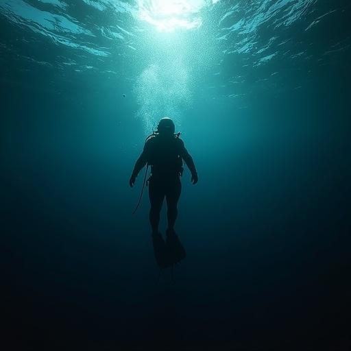 POV diving helmet view descending into deep ocean with light fading slowly. Murky blue-black water creating suspenseful atmosphere. Realistic underwater particles visible. Cinematic shot captured.