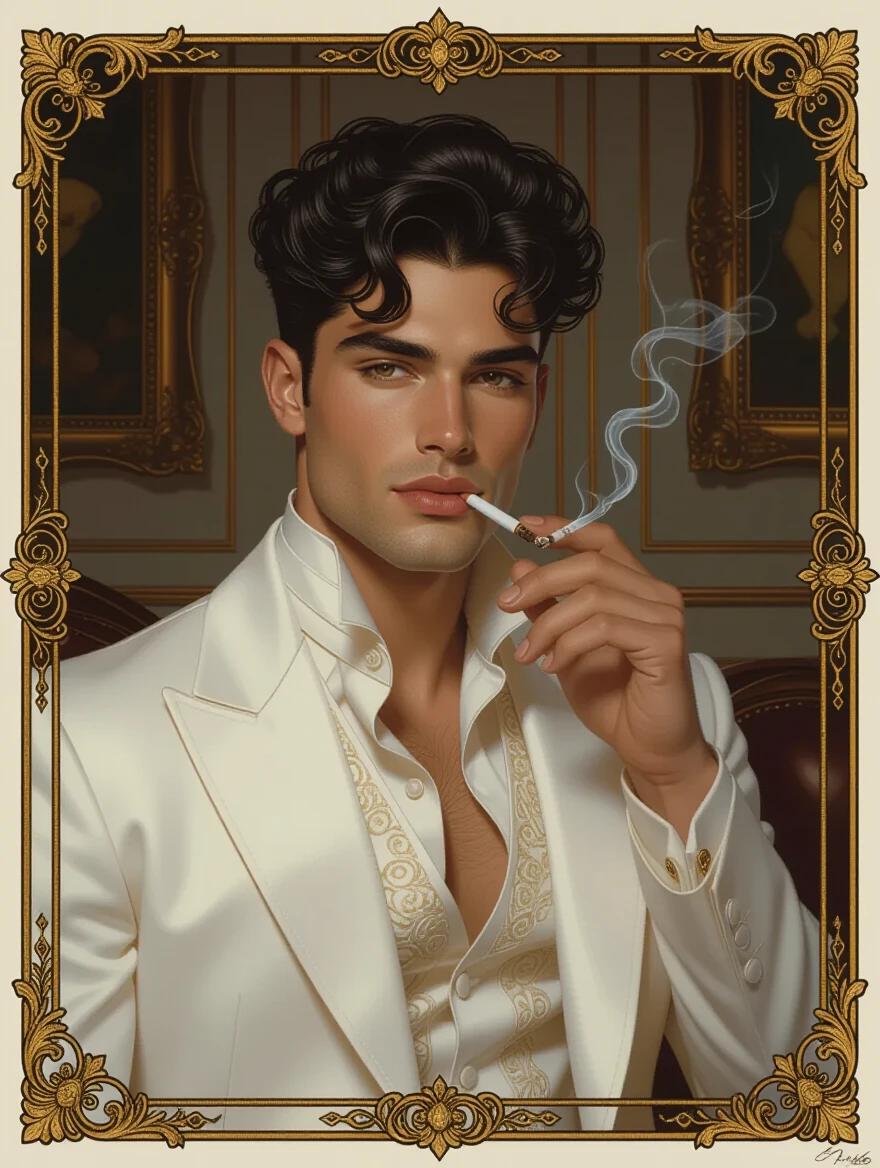Oil portrait of a handsome young man in white formalwear. He holds a cigarette in a dim mansion room. The background has ornate details. Focus on a dark and mysterious tone. An art nouveau border decorates the frame.