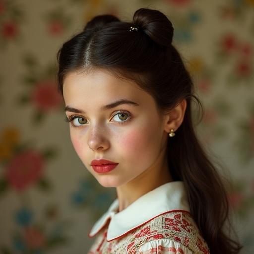 Portrait of a girl with a vintage look. She has medium-length straight hair styled with hairpins. The background features floral wallpaper. The subject appears youthful and fashionable. The photo captures the essence of 1950's style. The girl's features are harmonious and striking, portraying classic beauty.