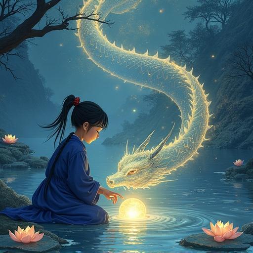 Young Daoist girl questing for Dragon Pearl glows in water. Dragon coils above; lotuses reveal mystical symbols. Artistic blend of ancient styles.