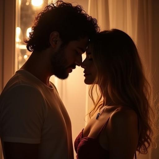 Image shows a close view of a couple sharing an intimate moment. The background features warm lighting creating a romantic atmosphere. The couple stands close, indicating a deep connection. The subject's clothing suggests a relaxed setting. Shadows enhance the emotional ambiance.
