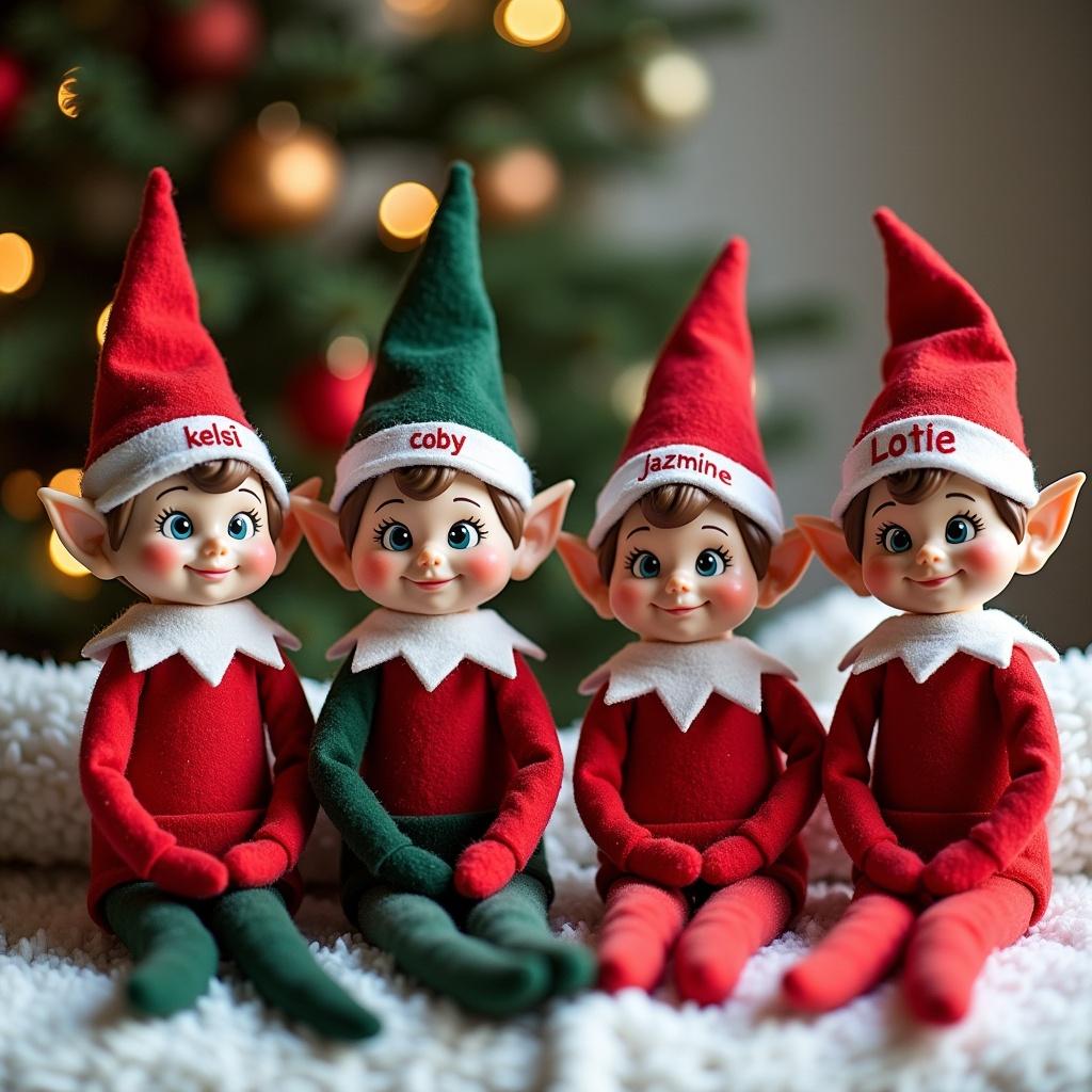 The image features four adorable Christmas elves sitting together. Each elf is wearing a bright red outfit with a matching hat. Their hats have cute white pom poms on top. Each elf's hat displays a different name: Kelsi, Coby, Letris, and Jazmine. The background has a soft, green hue with blurred lights, enhancing the holiday mood. The elves have charming smiles, creating a festive atmosphere. The setting is sprinkled with artificial snow, adding to the winter theme. This image could be used for various holiday-themed projects or products.