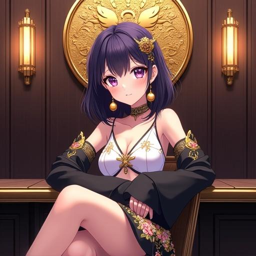 Anime-style illustration of a lady with dark violet hair. She wears a gold kanzashi and dangling earrings. Her eyes are light purple. Dressed in a white top and black skirt with floral designs. Seated gracefully with a calm expression. Background shows a luxurious bar with a golden emblem and warm lighting.