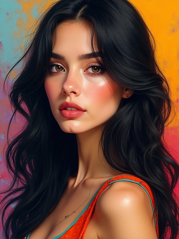 A painterly portrait of a woman with long dark hair. The background has bright colors. The woman's shoulder is visible with soft lighting.